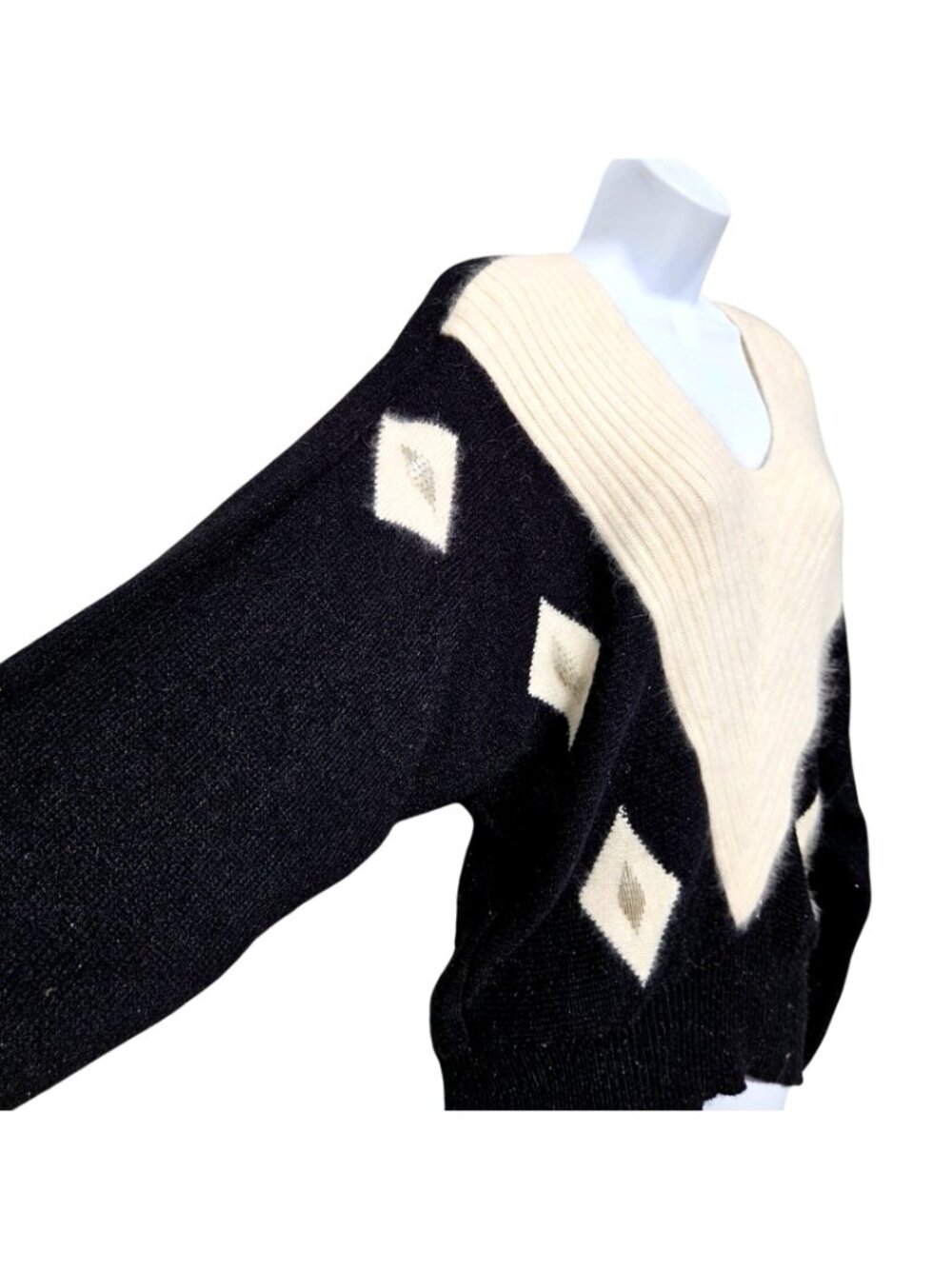 John Richard 80s Angora Beaded Diamond Sweater Black Ivory M - Picture 2 of 9